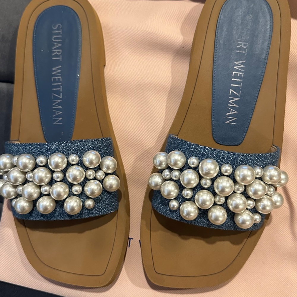 Stuart Weitzman Denim & Pearl Sandals